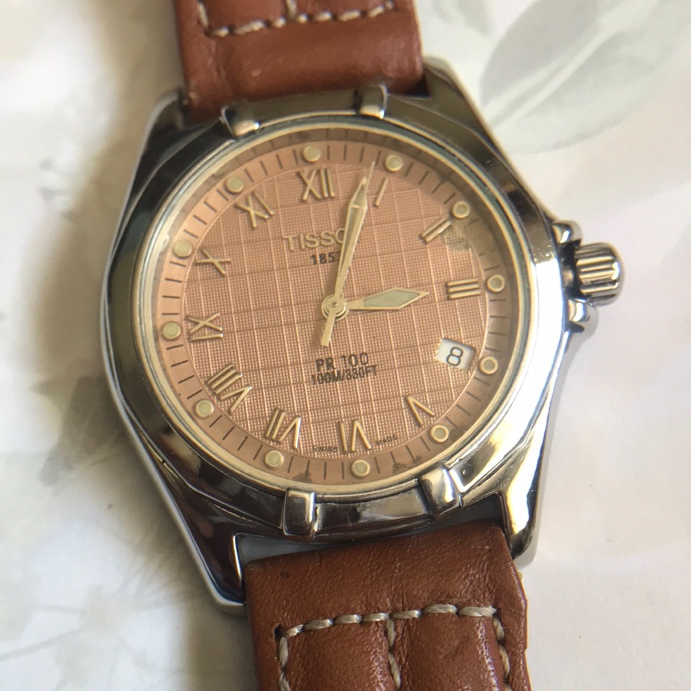 Rare Tissot Pink Salmon Dial L.Brown Leather Band Mens Watch PR100 P660/760.